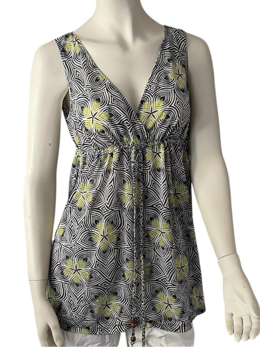 New York & Company Sleevelss Empire Tunic Blouse Navy/Green Print L EUC​